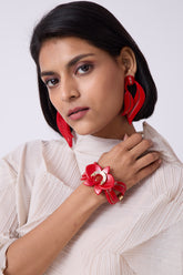 M leather women's red-gold with distinctive orchid-link metal bracelet
